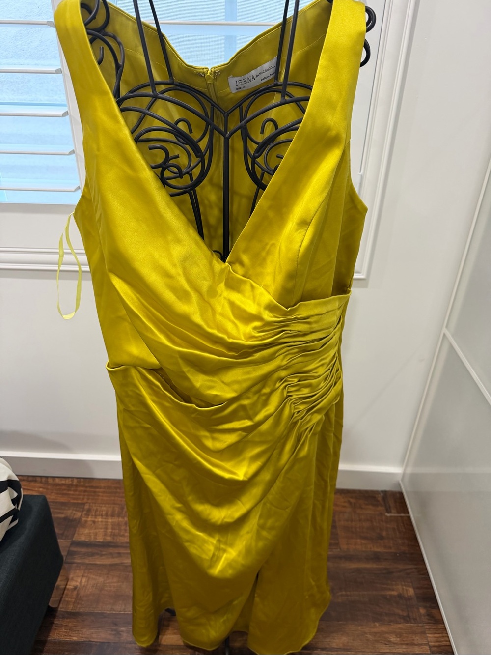 Yellow Satin V-Neck Ruched Midi Dress